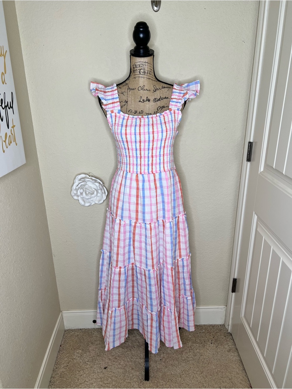 NTM: Storia Pastel Plaid Smocked Tiered Maxi Dress NWT Size L